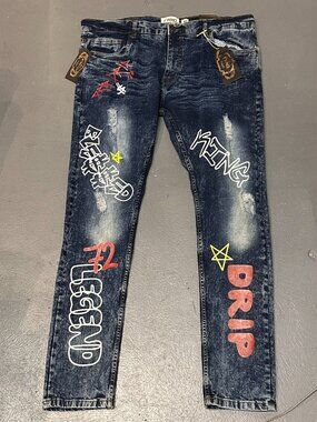 FWRD Denim Jeans Men 40x32 Slim Fit Blue Graffiti Graphic Distressed NWT
